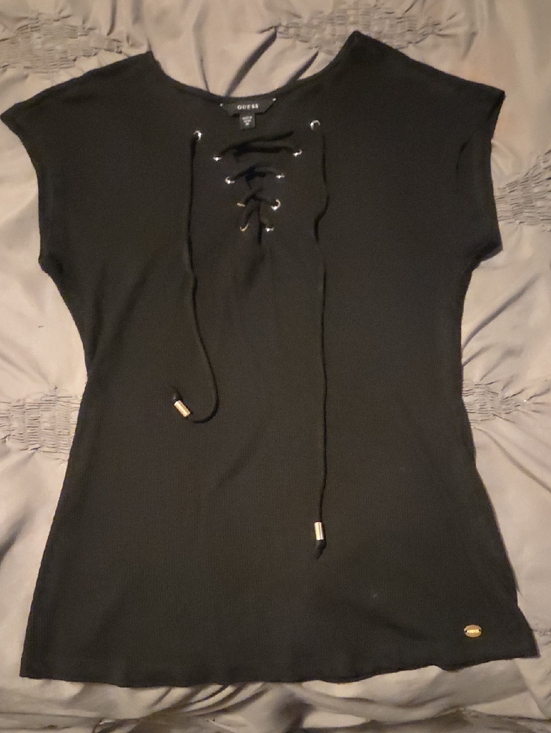 Guess Tops - Guess Black Lace-Up Ribbed Tee with Gold Accents